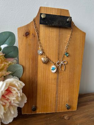 Gold Crystal Bow and Heart Charm Necklace
