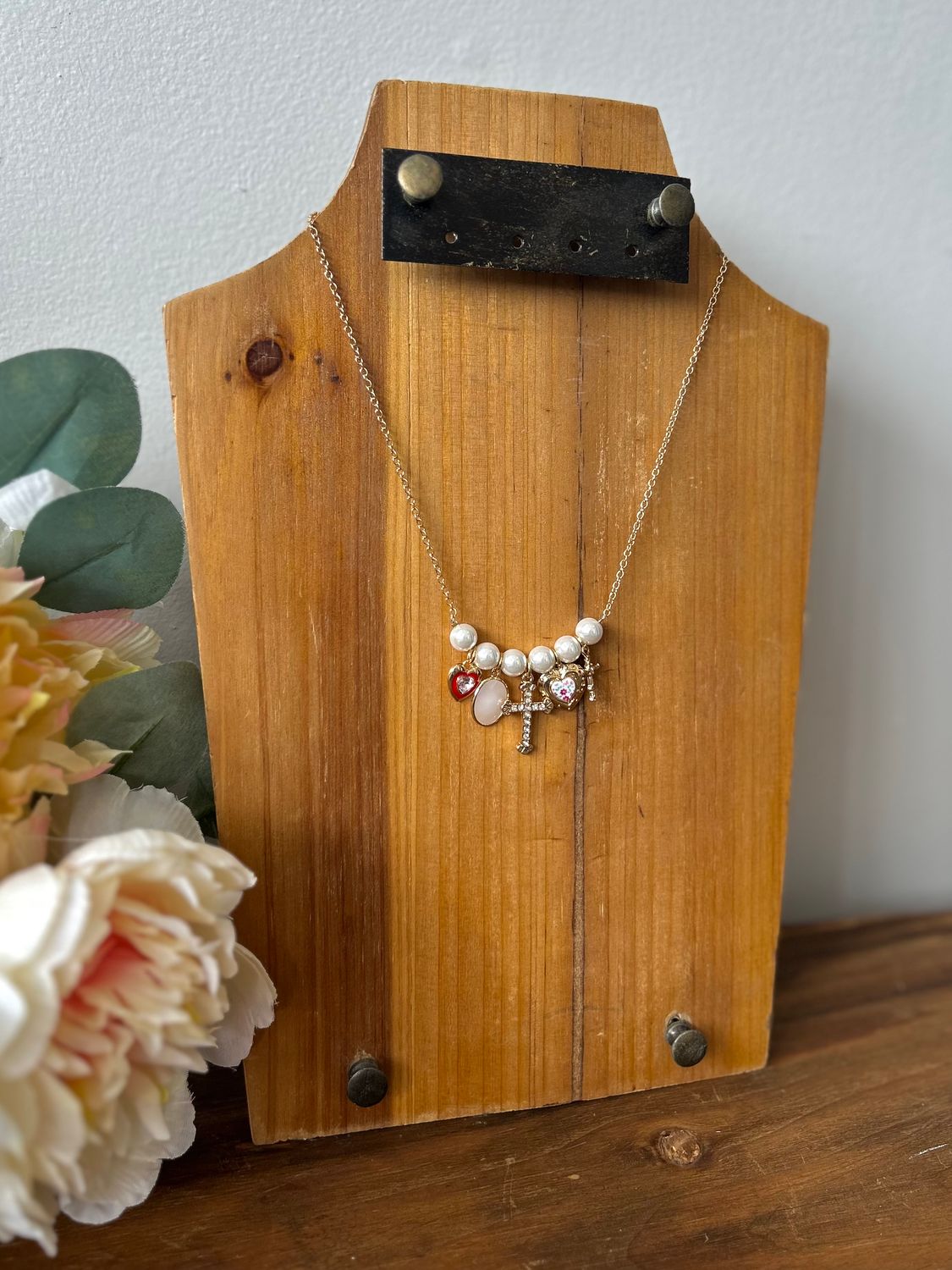 Gold Pearl Bar with Heart and Cross Charms Necklace Gold Pearl Bar with Heart and Cross Charms Necklace