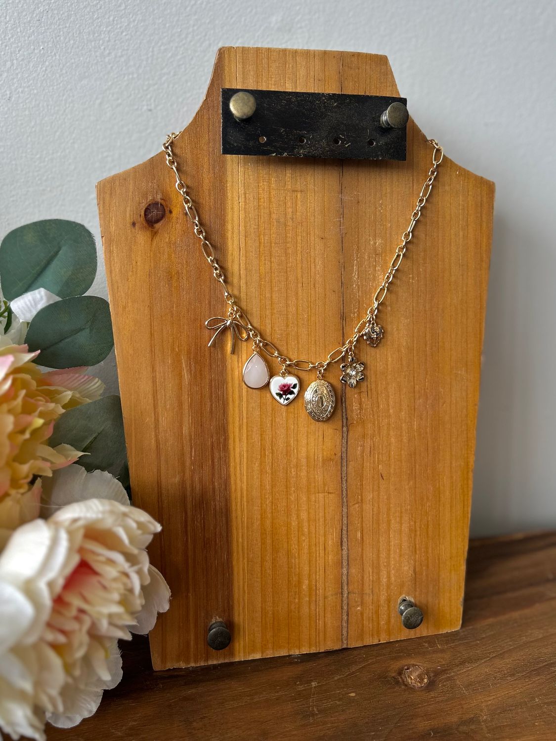 Gold Bow, Heart, and Locket Charm Necklace Gold Bow, Heart, and Locket Charm Necklace