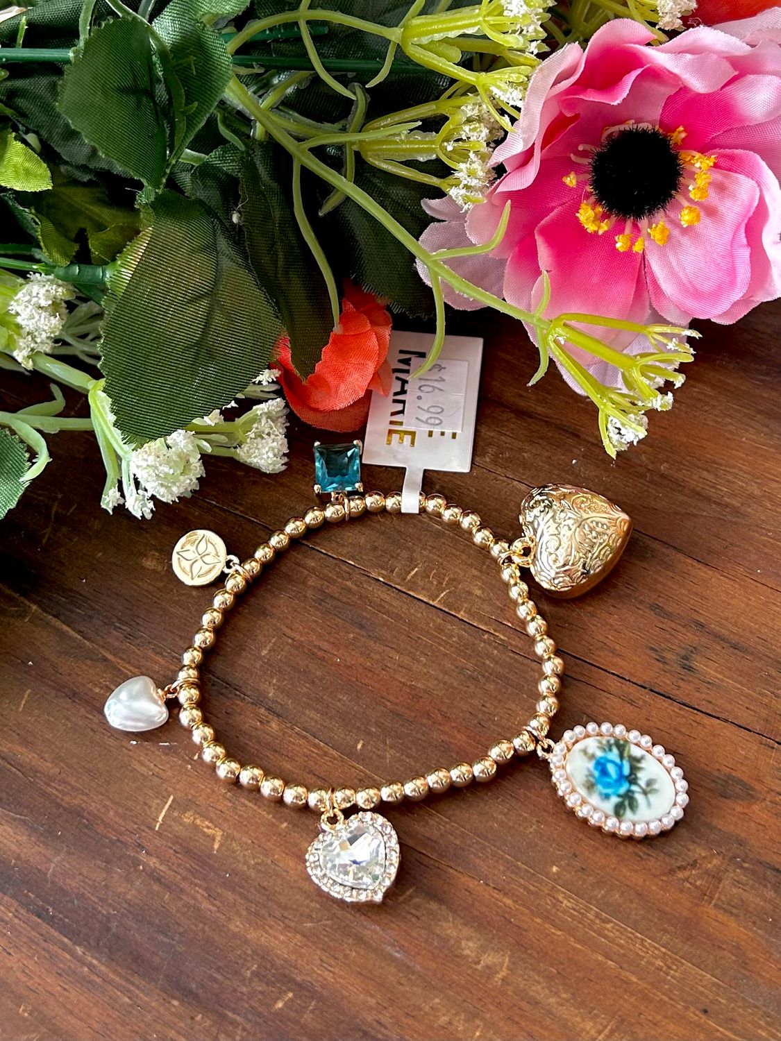 Gold Blue Floral Oval and Heart Charms Bracelet