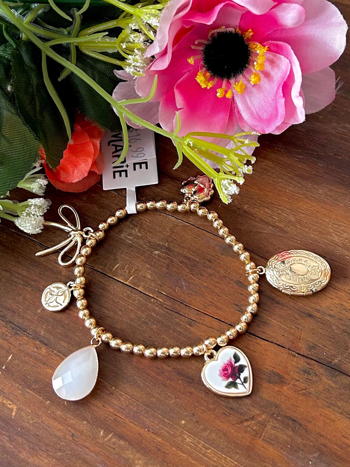 Gold Beaded Bow, Stone, and Heart Charms Bracelet