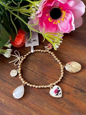 Gold Beaded Bow, Stone, and Heart Charms Bracelet Gold Beaded Bow, Stone, and Heart Charms Bracelet