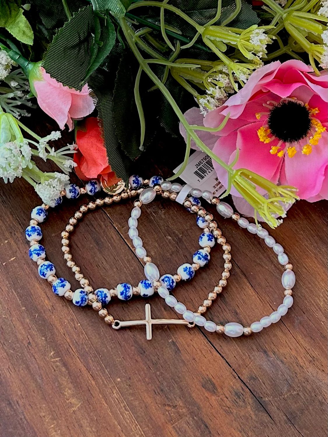 Gold Cross with Blue Floral Beads Bracelet Set Gold Cross with Blue Floral Beads Bracelet Set