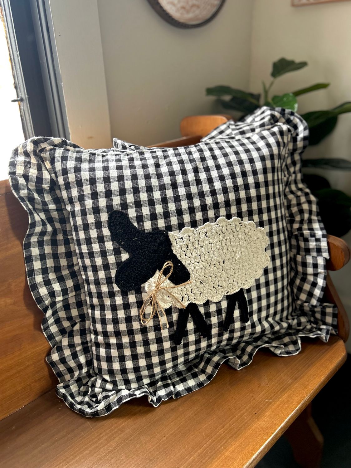 Gingham Farm Animal Pillow