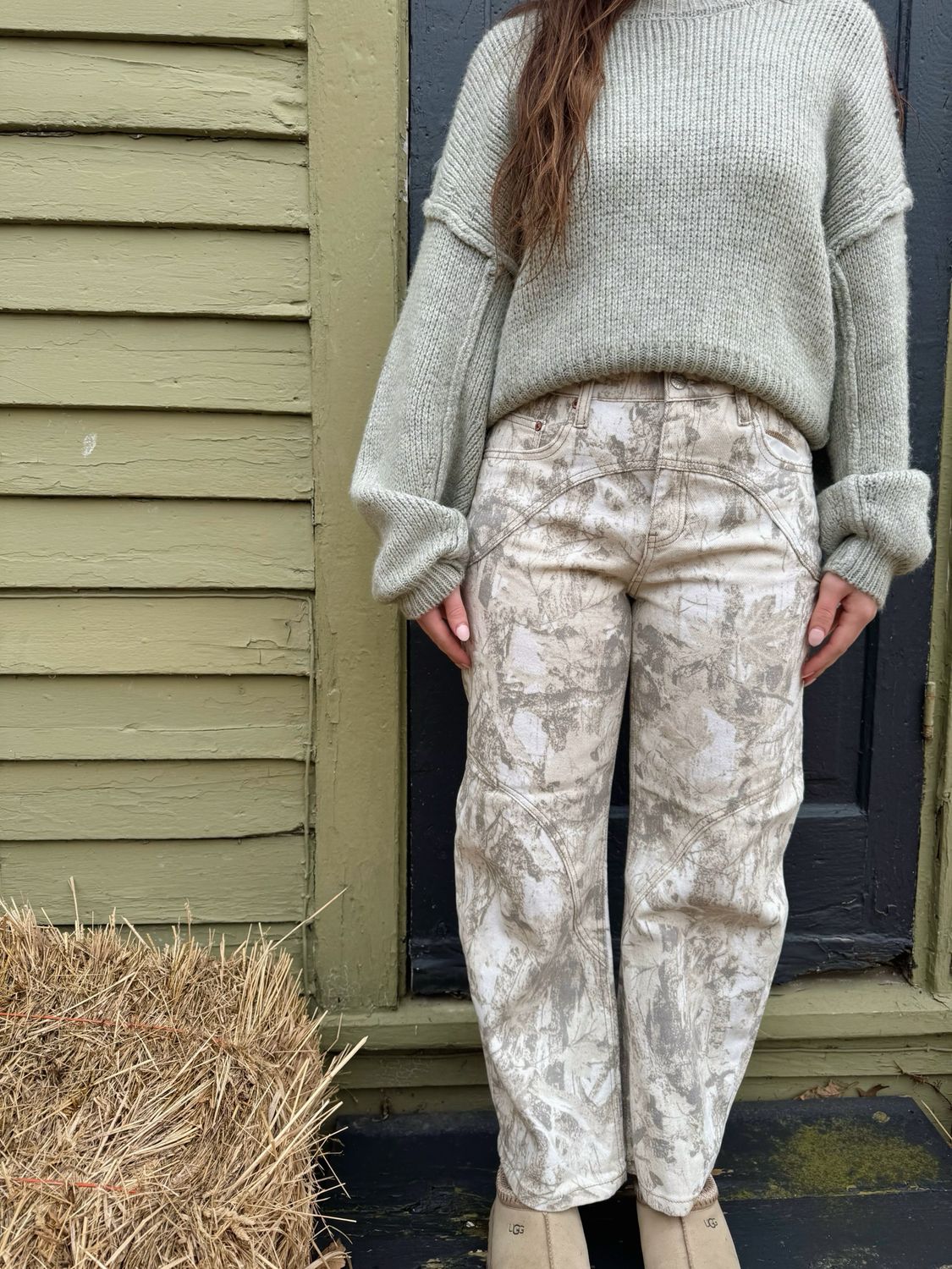 Camo High Rise Barrel Jeans