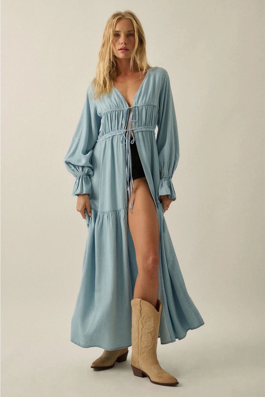Denim Tie Front Maxi Shirt