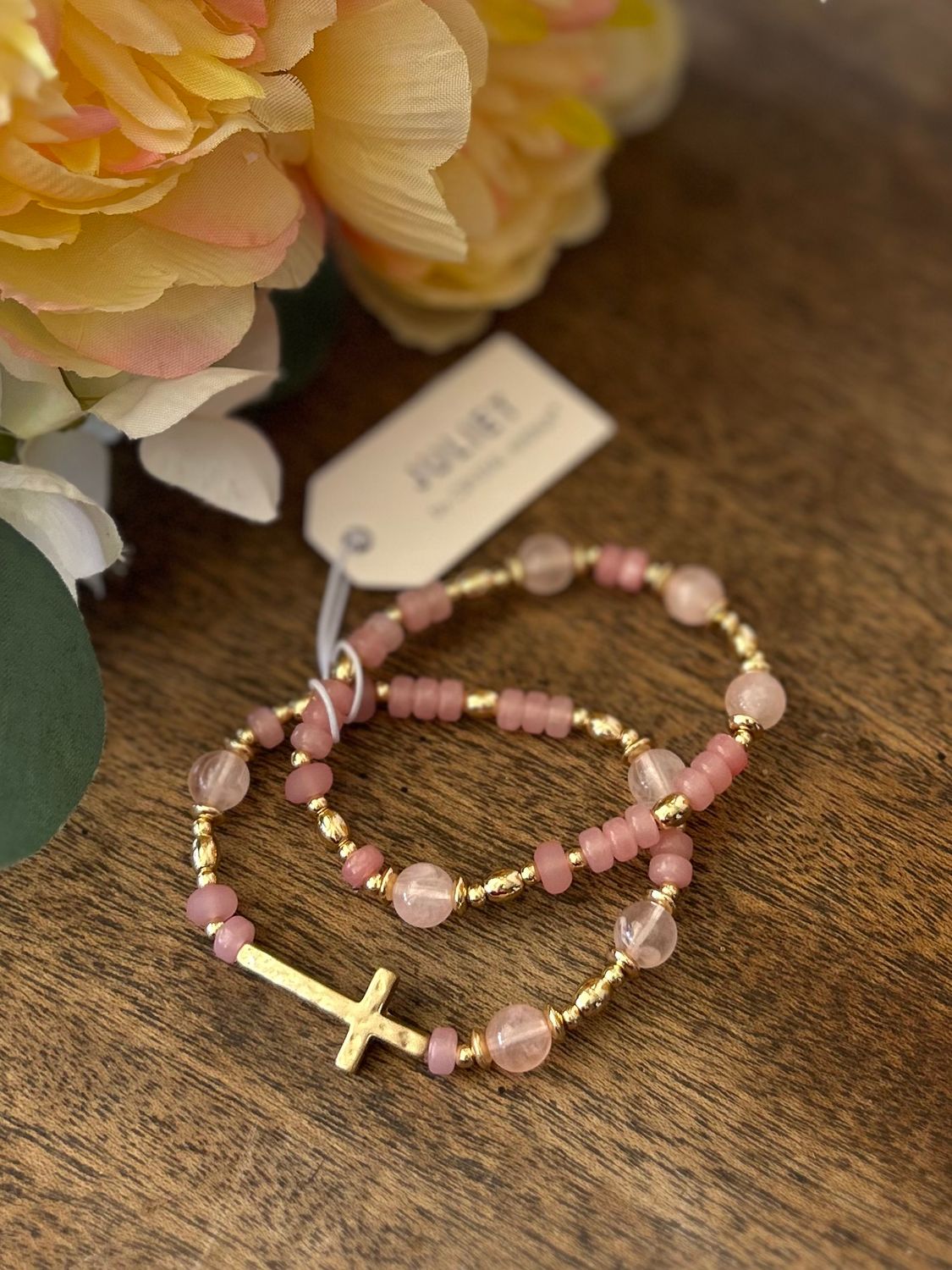 Two-Stack Pink Beaded Bracelet With Cross Two-Stack Pink Beaded Bracelet With Cross