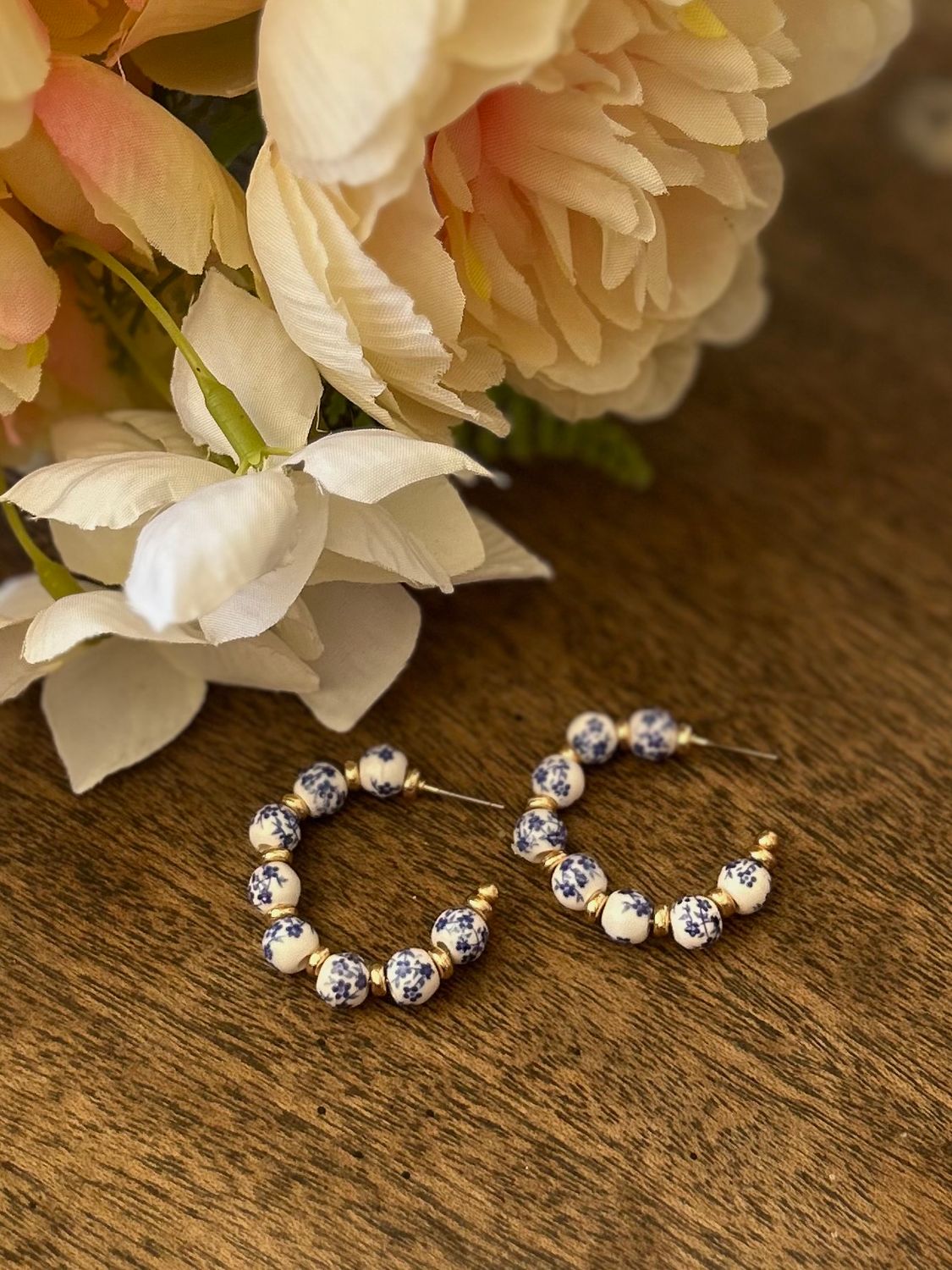 Floral Ceramic Bead Hoop Earrings Floral Ceramic Bead Hoop Earrings