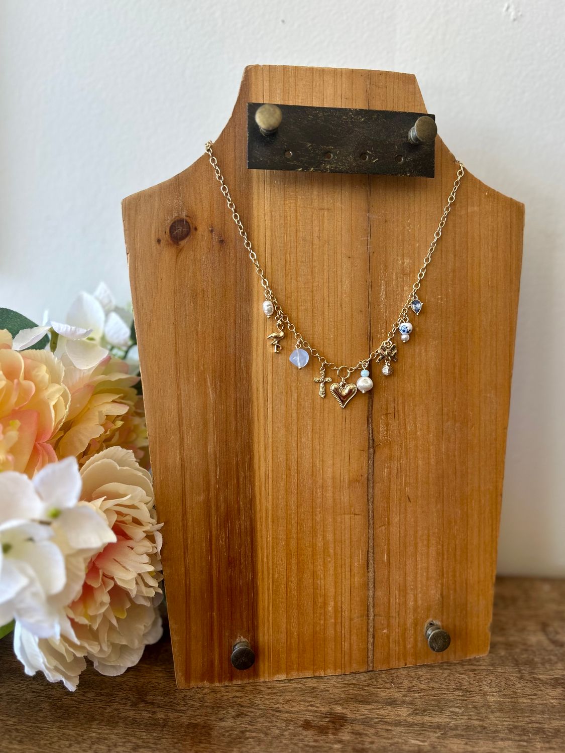 Gold Charm Necklace with Light Blue Charms Gold Charm Necklace with Light Blue Charms