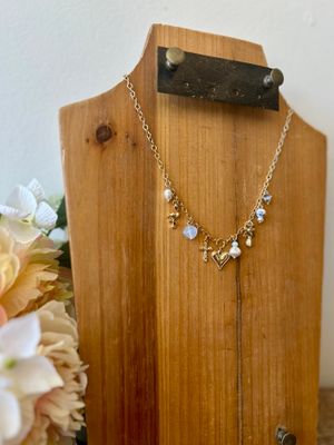 Gold Charm Necklace with Light Blue Charms