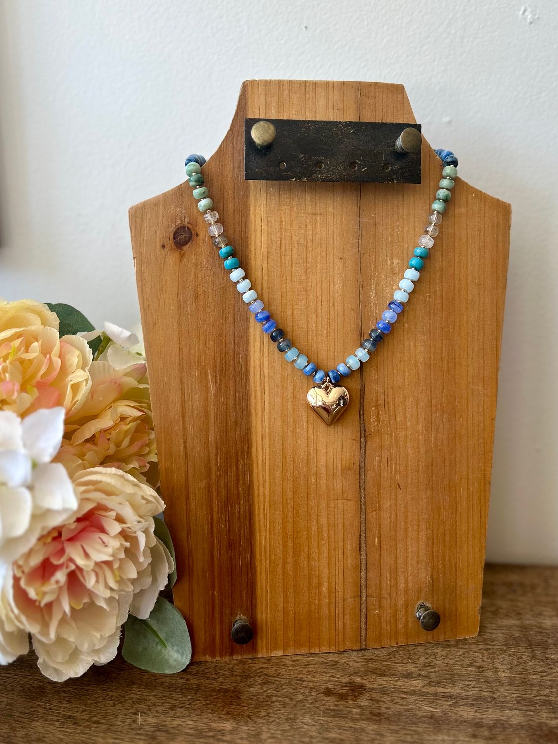 Blue Resin Beaded Necklace With Heart Charm Blue Resin Beaded Necklace With Heart Charm