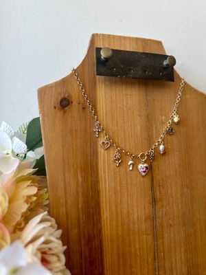 Gold Charm Necklace with Floral Heart Charm