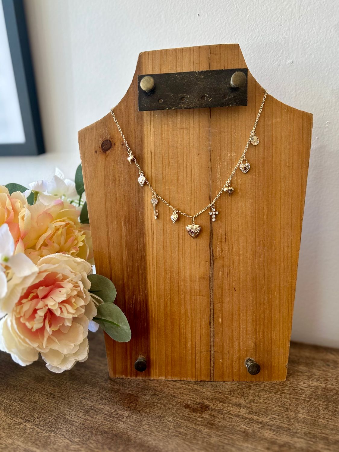 Gold Charm Necklace with Heart Locket and Key
