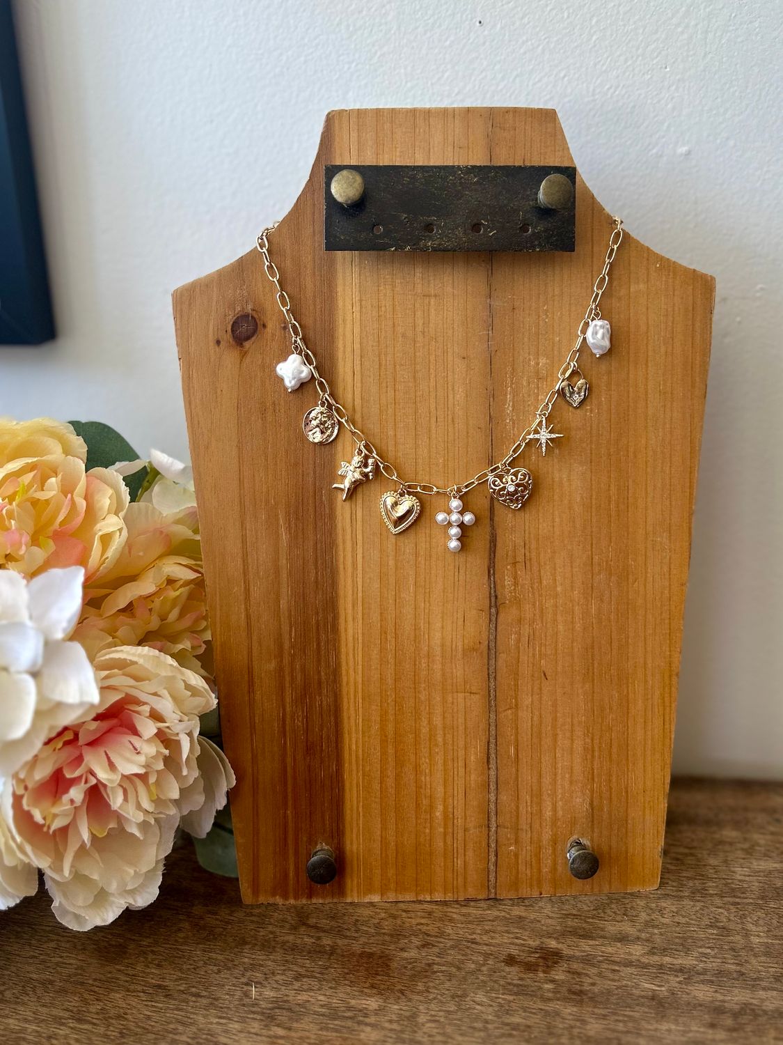 Gold Charm Necklace with Pearl Cross