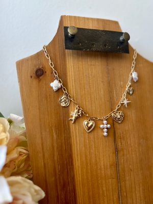 Gold Charm Necklace with Pearl Cross