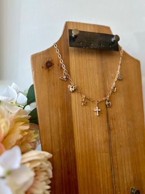 Gold Charm Necklace with Horseshose and Pearl Cross