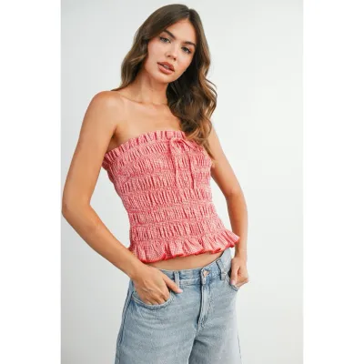 Gingham Bow Front Ruffle Tube Top Gingham Bow Front Ruffle Tube Top