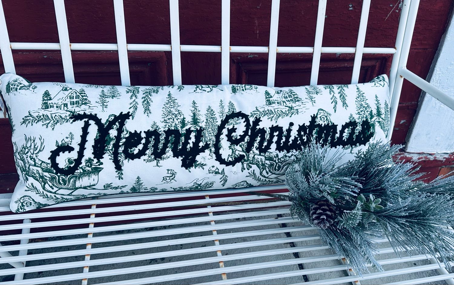 Long Green Xmas Toile Pillow