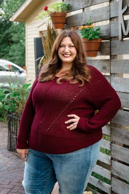 Curvy Pointelle V-Stitch Rolled Edge Sweater