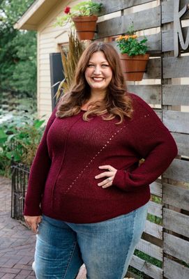 Curvy Pointelle V-Stitch Rolled Edge Sweater Curvy Pointelle V-Stitch Rolled Edge Sweater