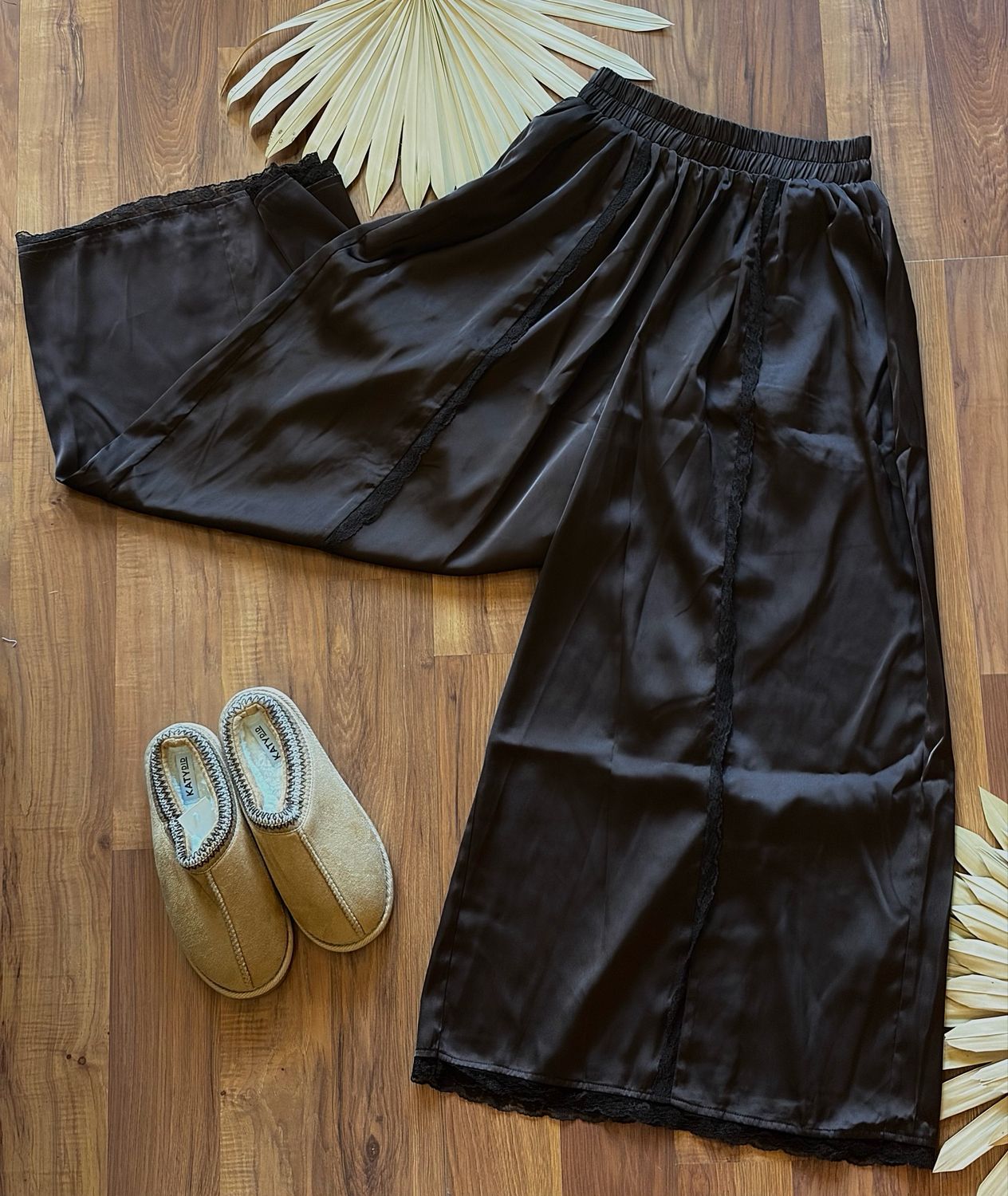Lace Trim Elastic Waist Satin Pants