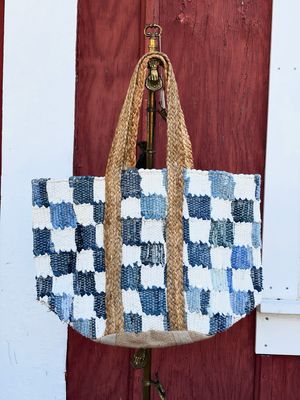 Ivory Denim Checker Woven Tote Bag Ivory Denim Checker Woven Tote Bag