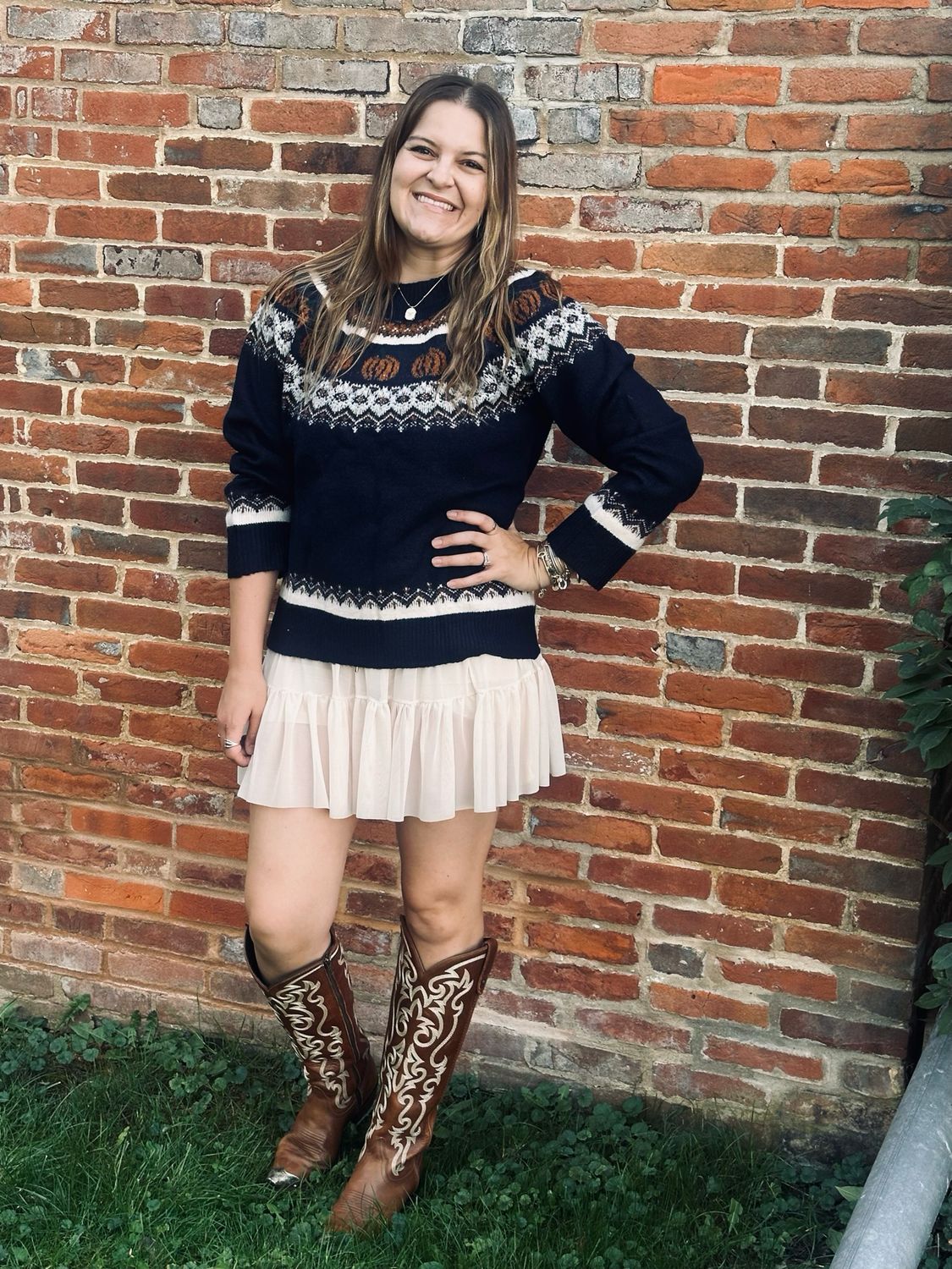 Pumpkin Long Sleeve Knit Sweater Navy
