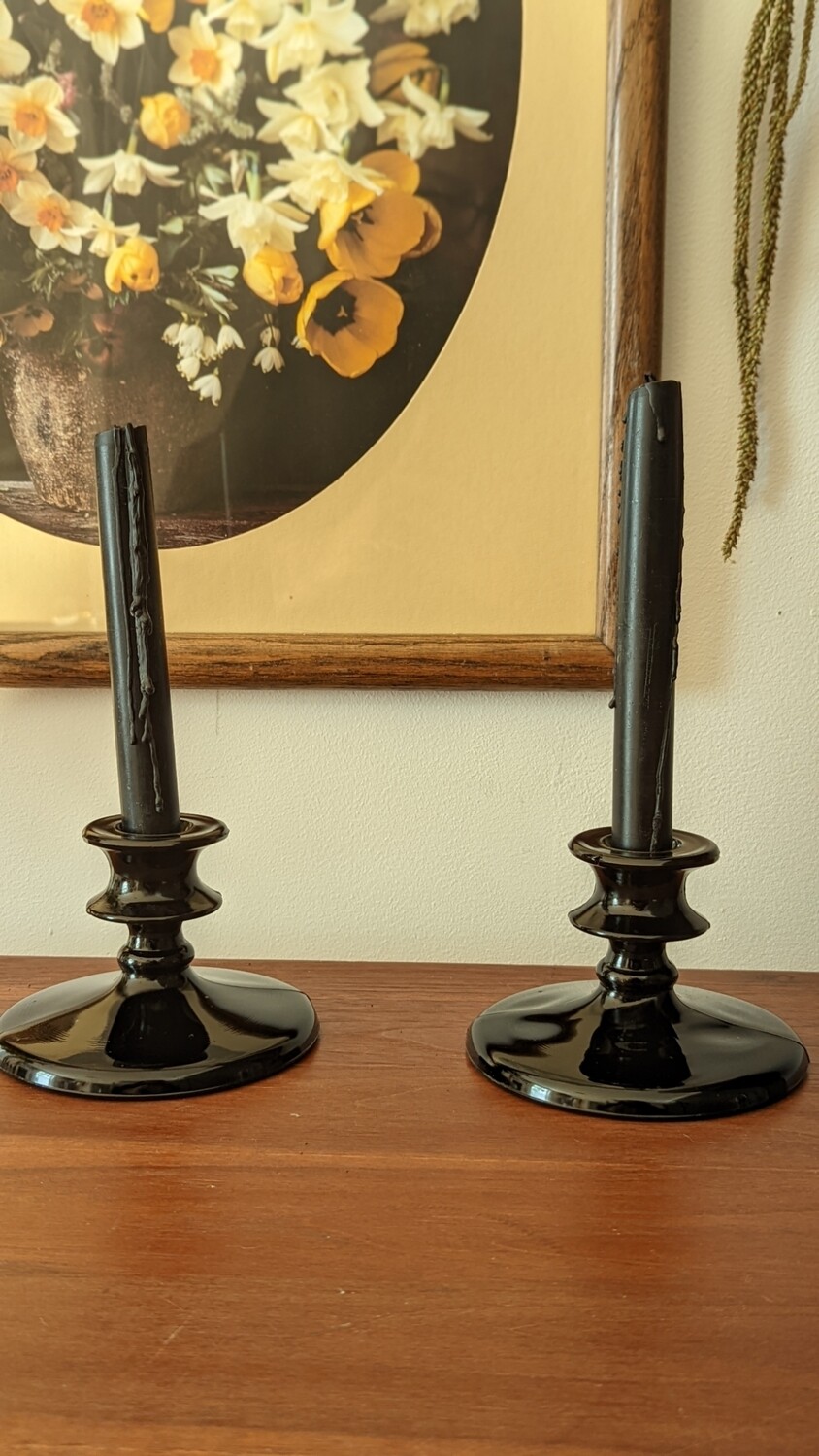 black glass candle holder pair