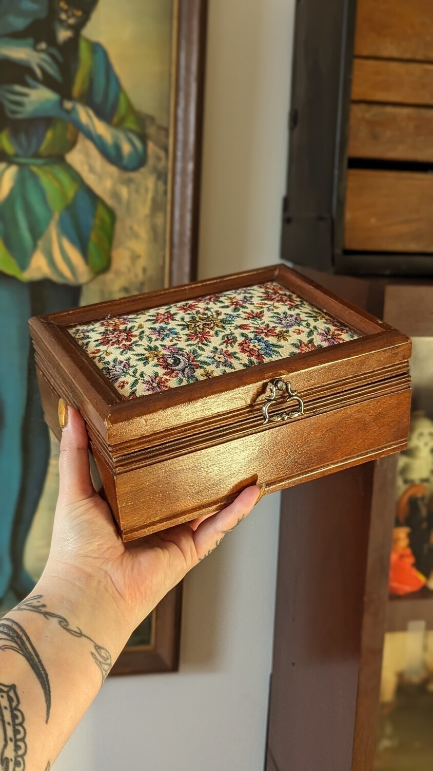 Wood jewelry box with cross stitch