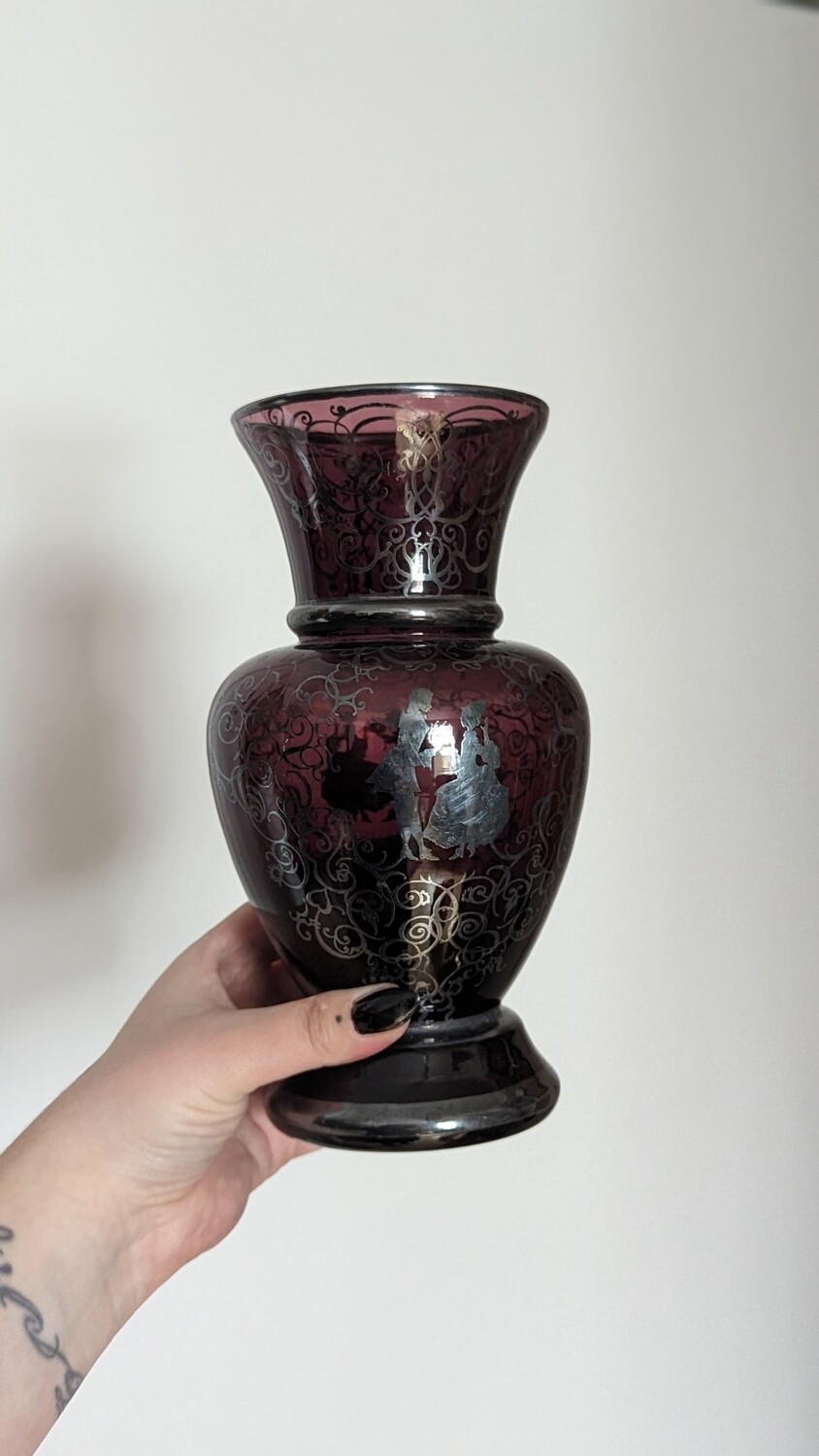 Purple amethyst vase with silver deposit