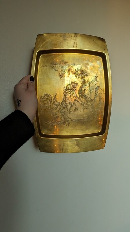 Fighting roosters brass platter R.Bombardieri MCM