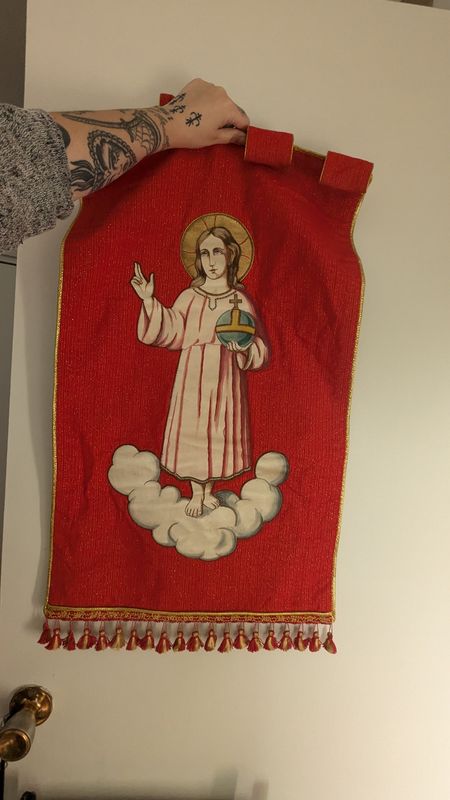 Vintage red church banner hand sewn