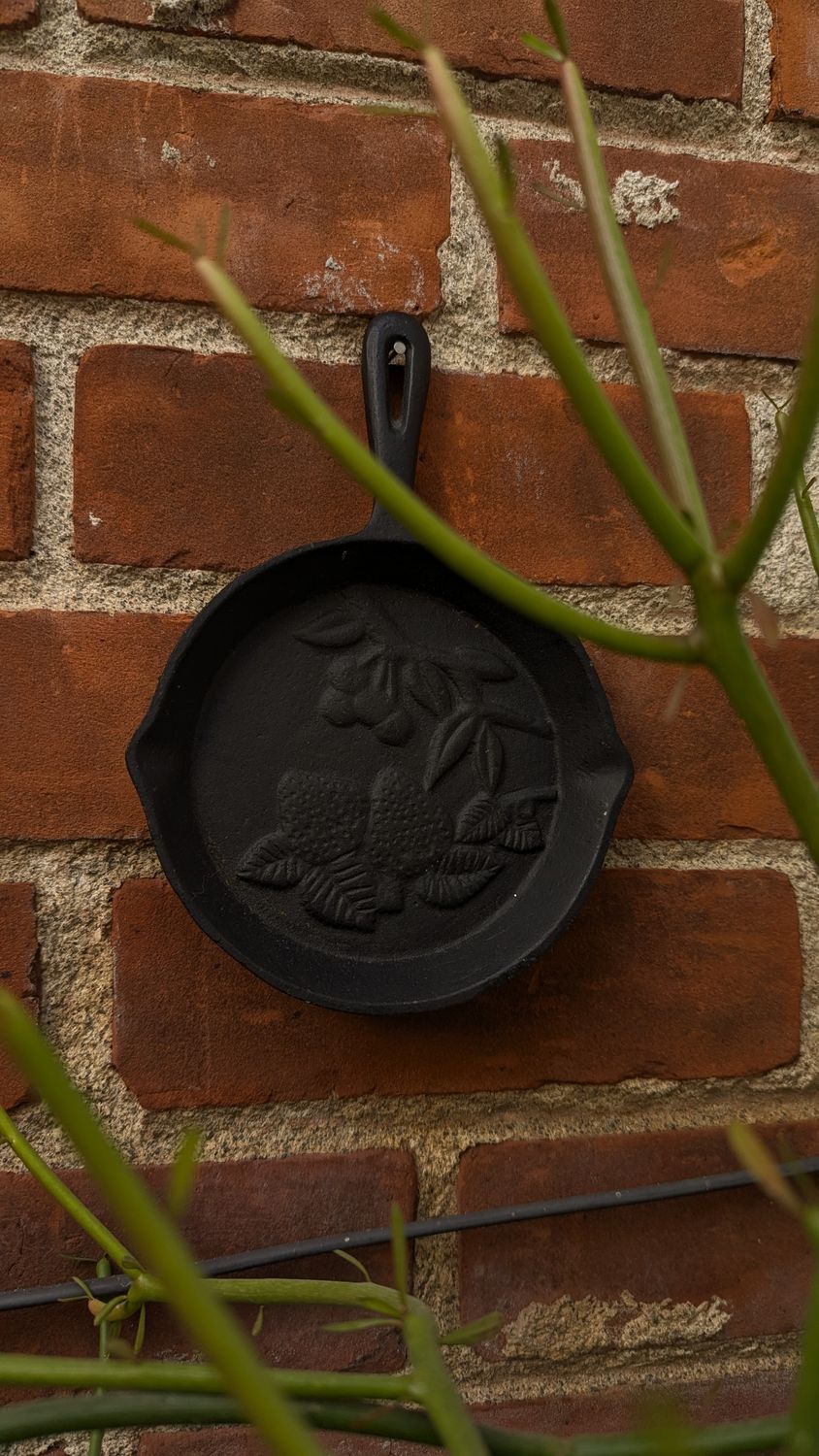 Small cast iron decorative skillet with strawberries
