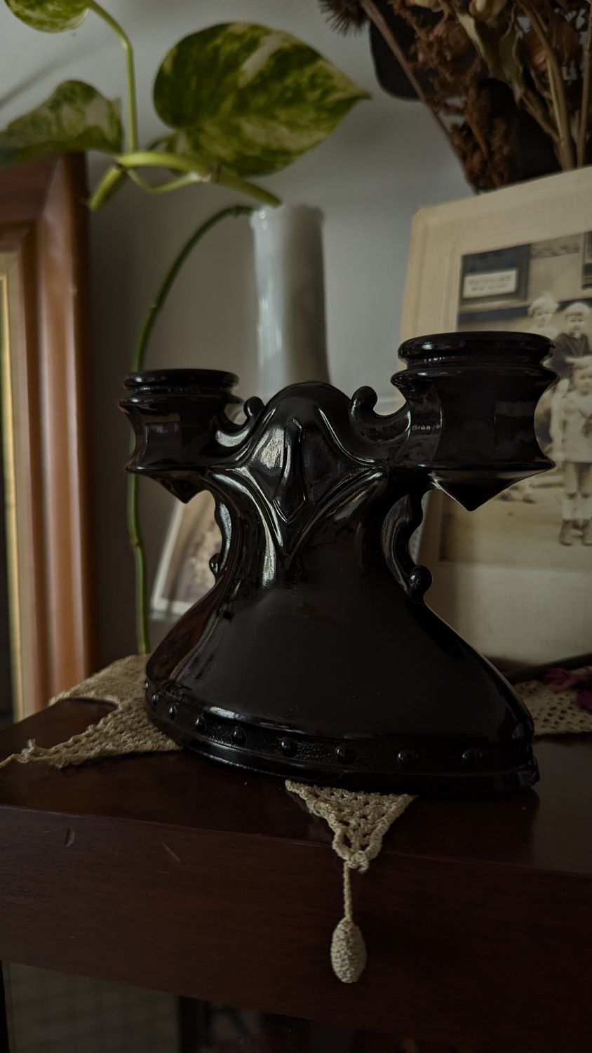 Black amethyst double candle holder glass