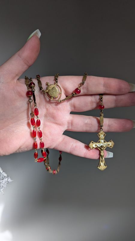 Red glass rosary with sacred heart