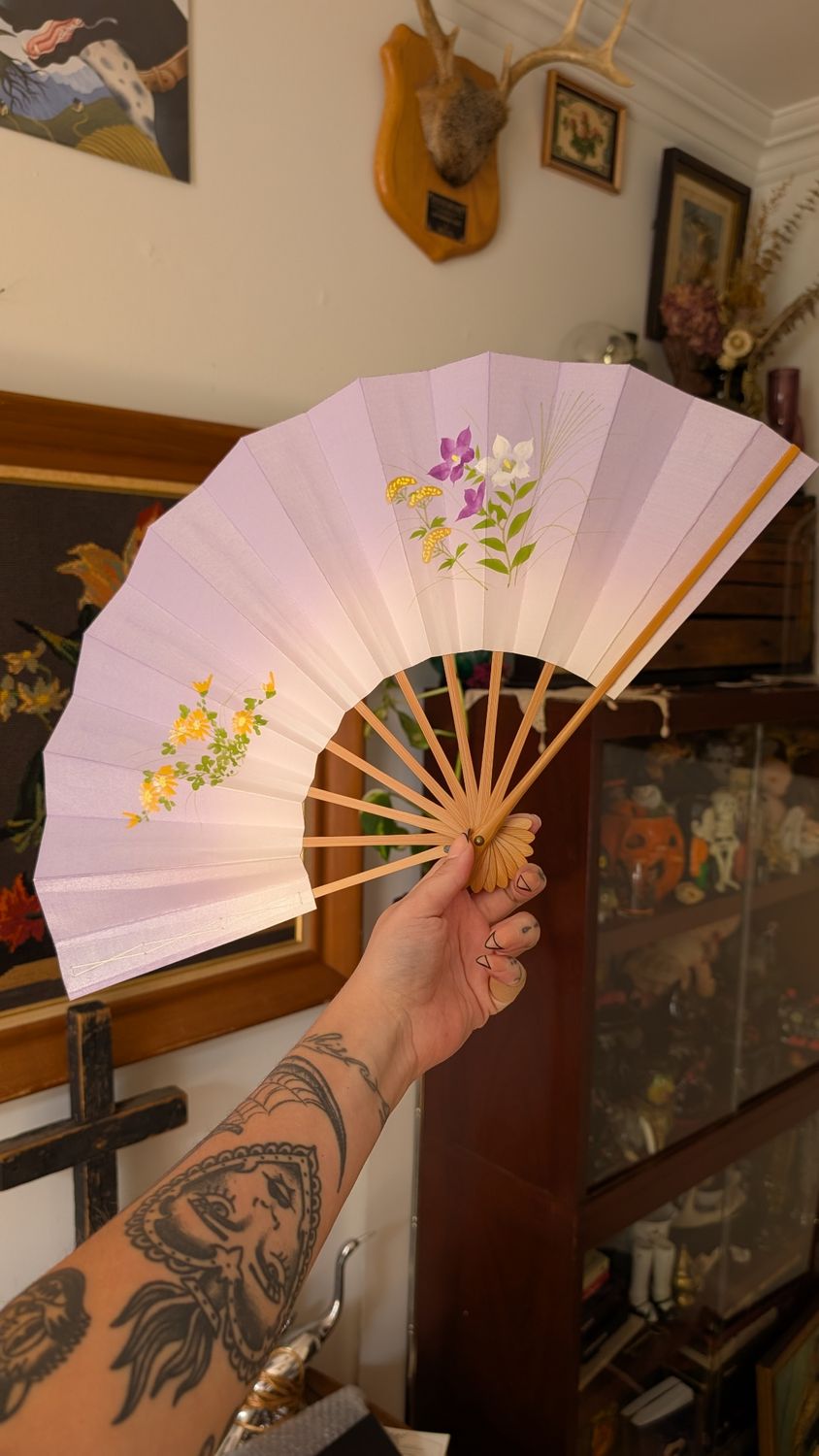Purple floral vintage wooden hand fan - hand painted