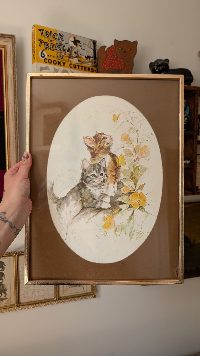 Beautiful cats watercolor with vintage frame