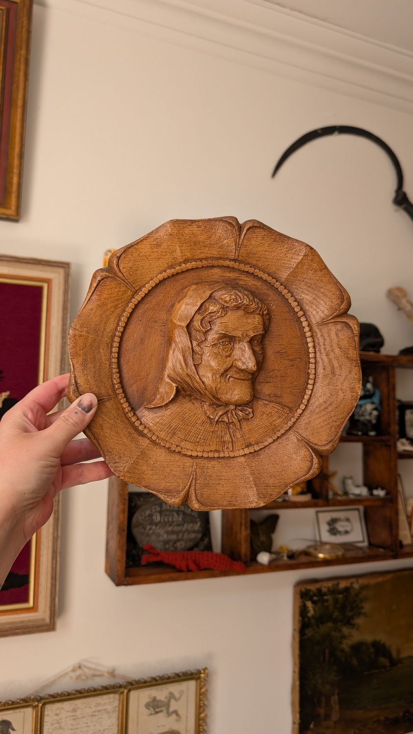 Hand carved crone decorative wood plate