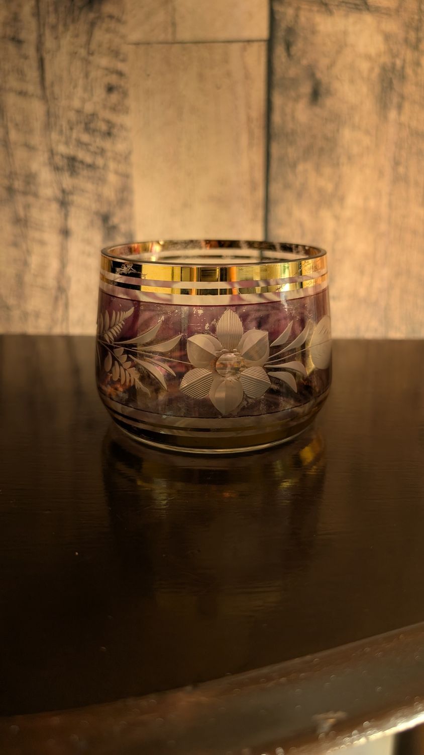 Small czech vintage red cranberry floral etched candy dish 22kt gold rim