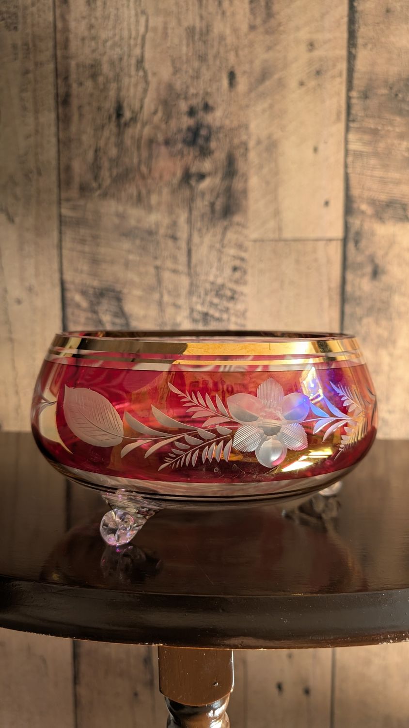 Rare - fruit bowl czech etched bohemia cranberry &amp; 22kt gold crystal footed dish 1950&#39;s