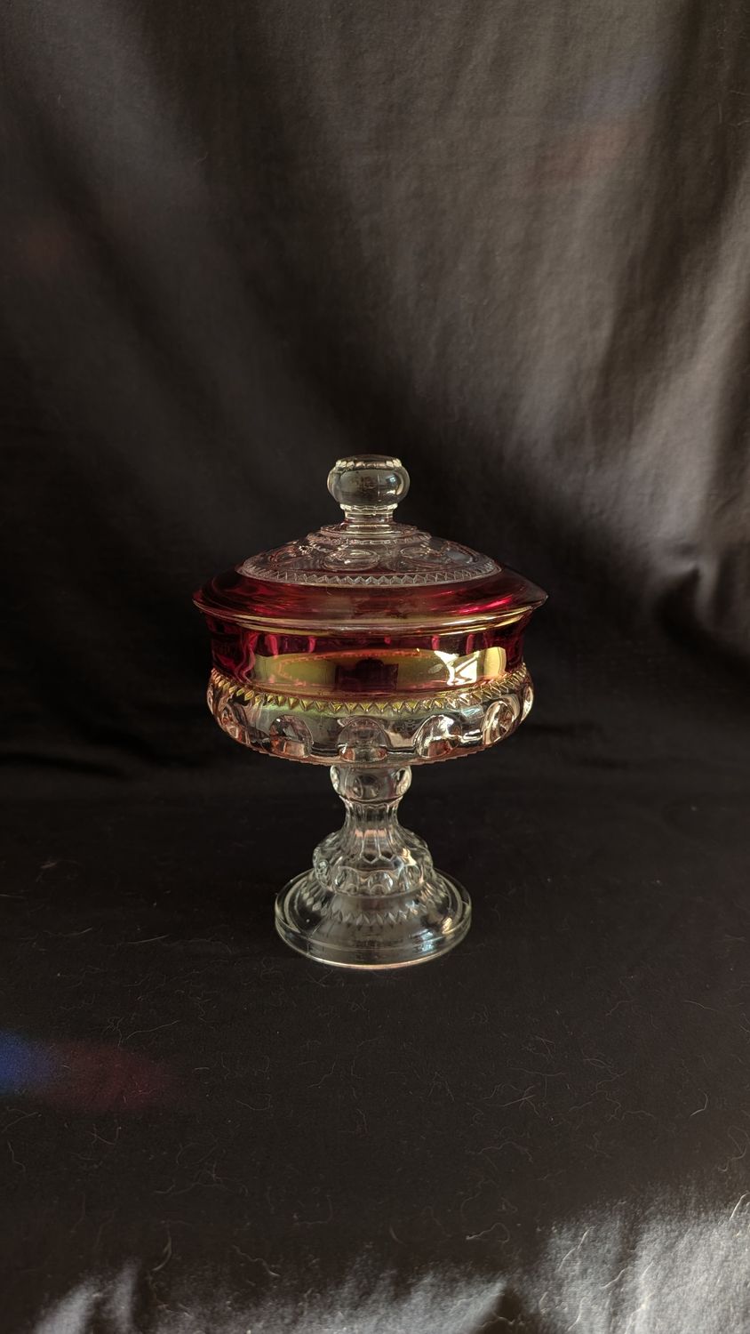 Indiana Glass Kings Crown Thumbprint Ruby Flash Compote Candy Dish