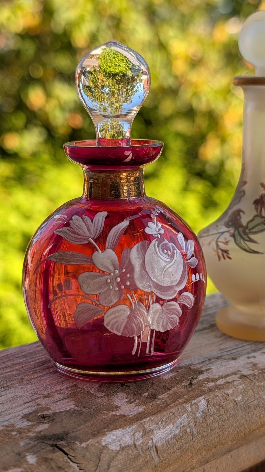 Vintage cranberry glass hand painted perfume vial - white flowers