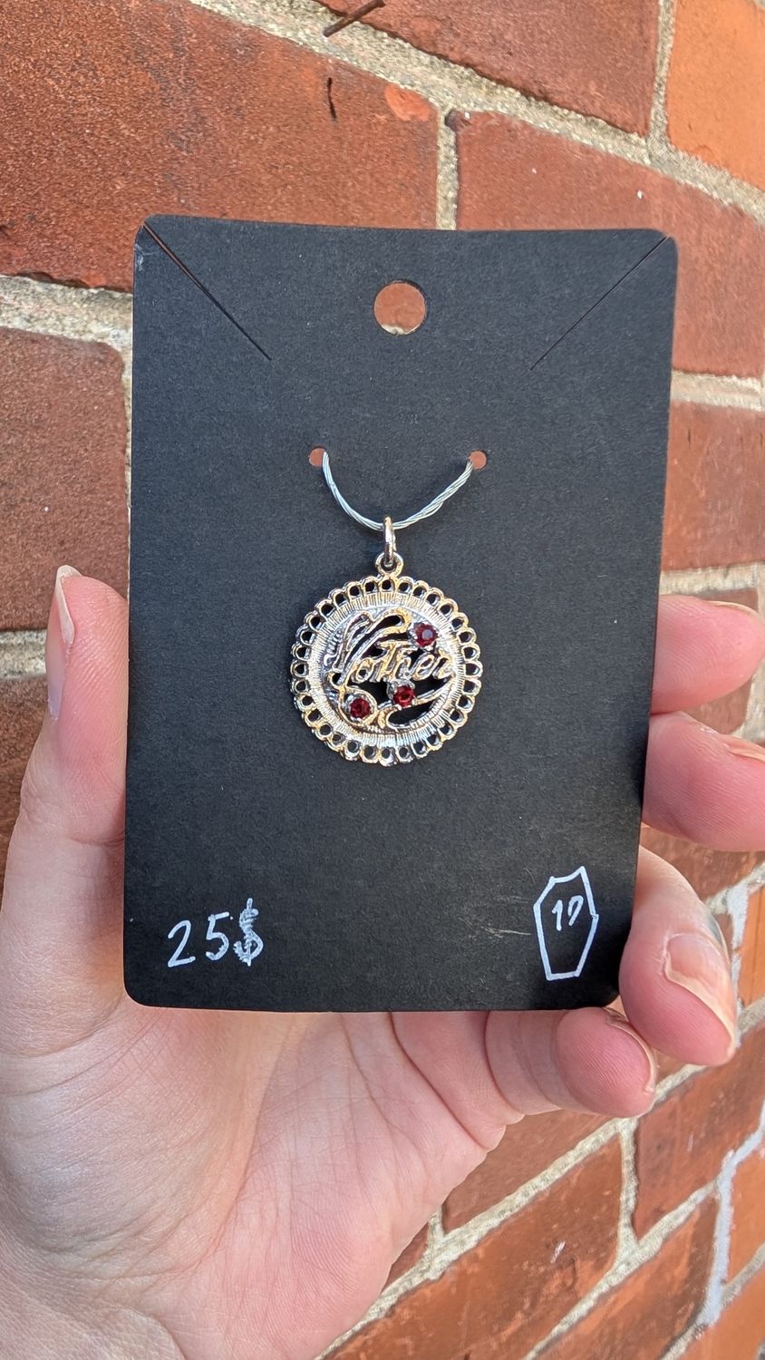Mom sterling silver pendant with red stones