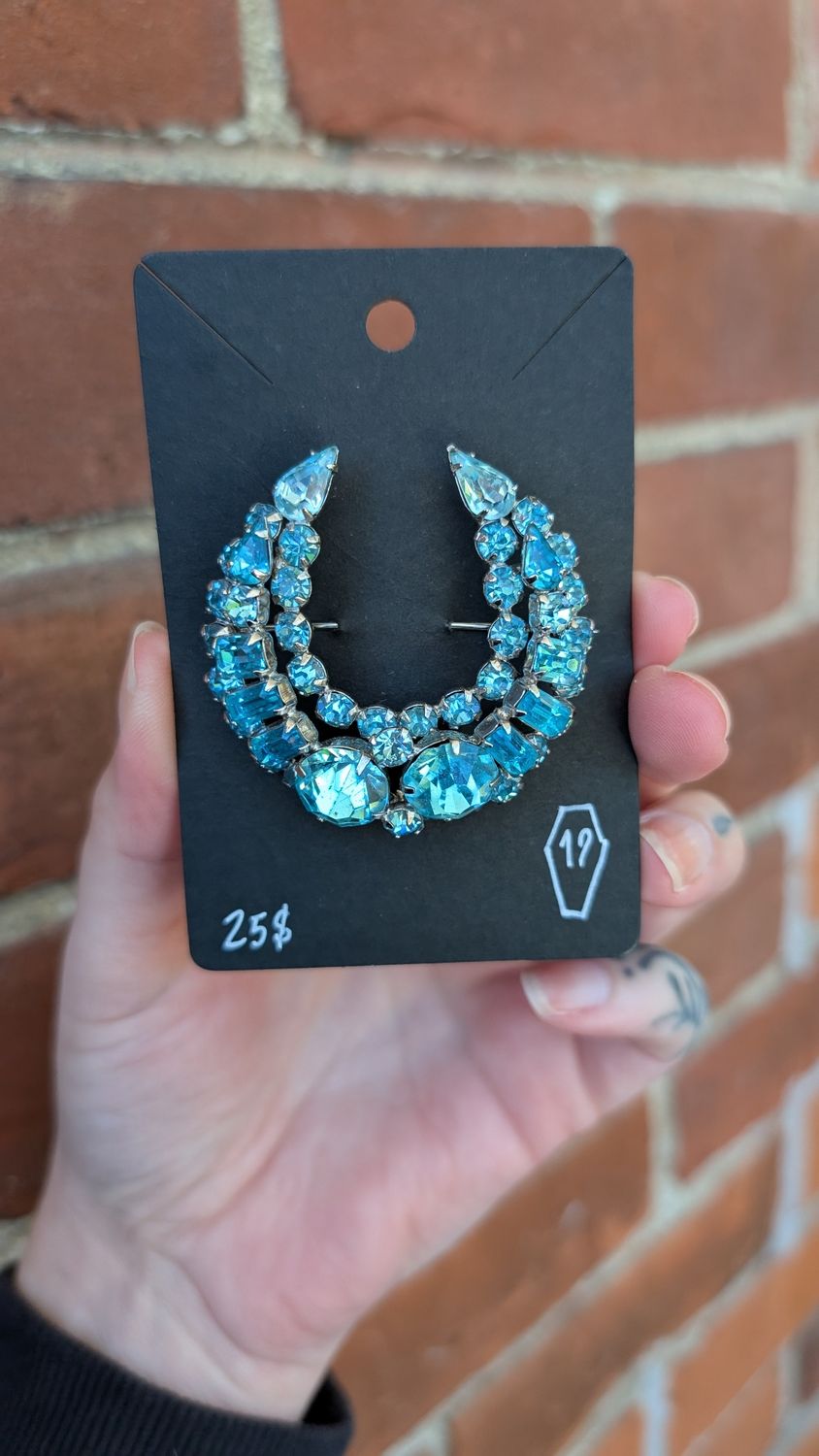 Blue crescent moon rhinestones brooch