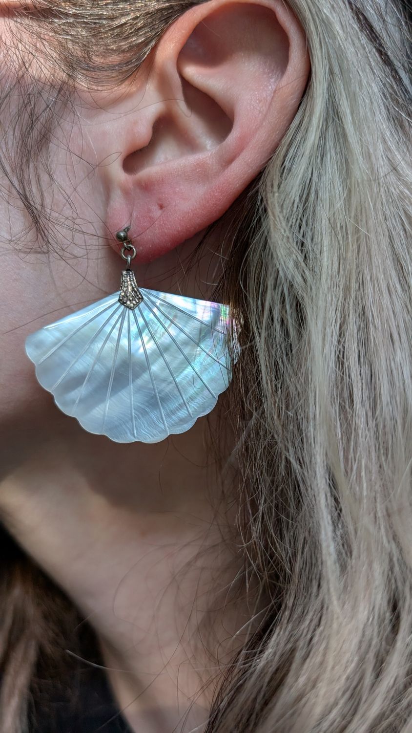 Large mother of pearl fan sterling silver pierced dangling earrings