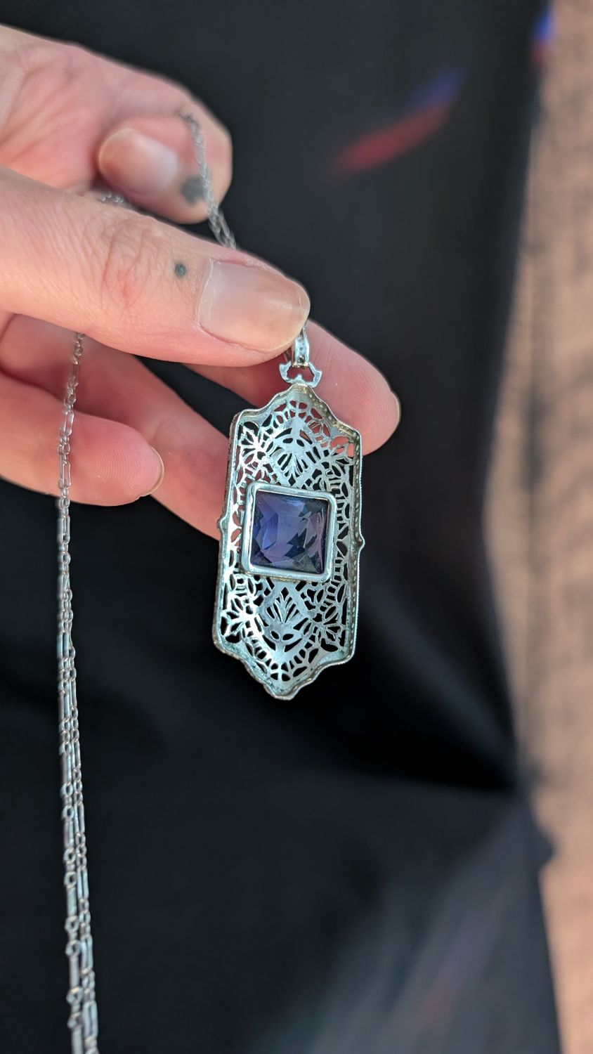 Art deco lavalier vintage silver sapphire colored gemstone in marquise cut circa 1930&#39;s fine magnetic filigree necklace