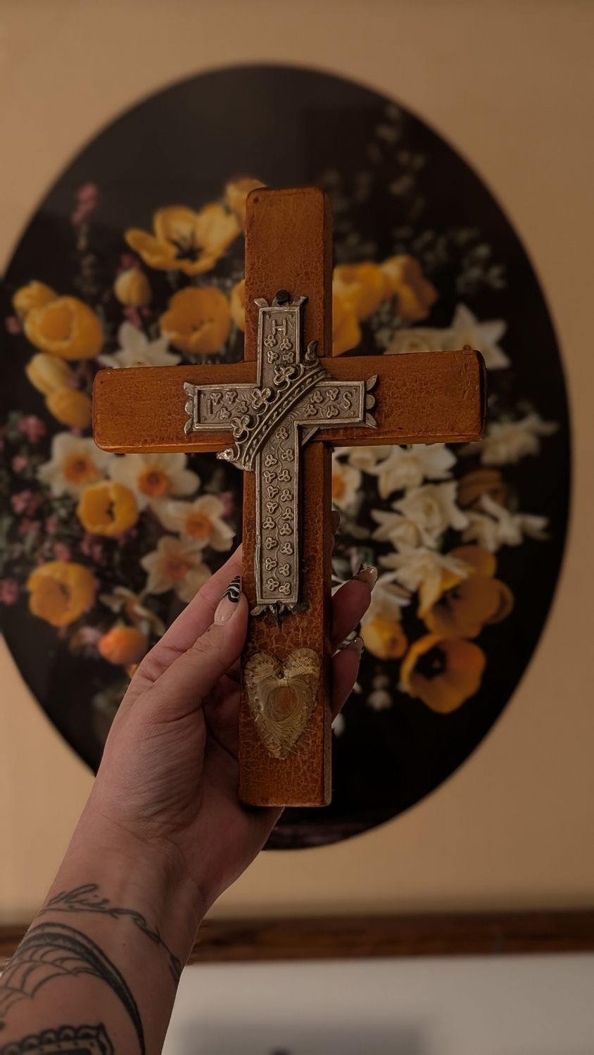 Memorial keepsake crucifix with coffin adorment and lock of blond hair - early 20th century