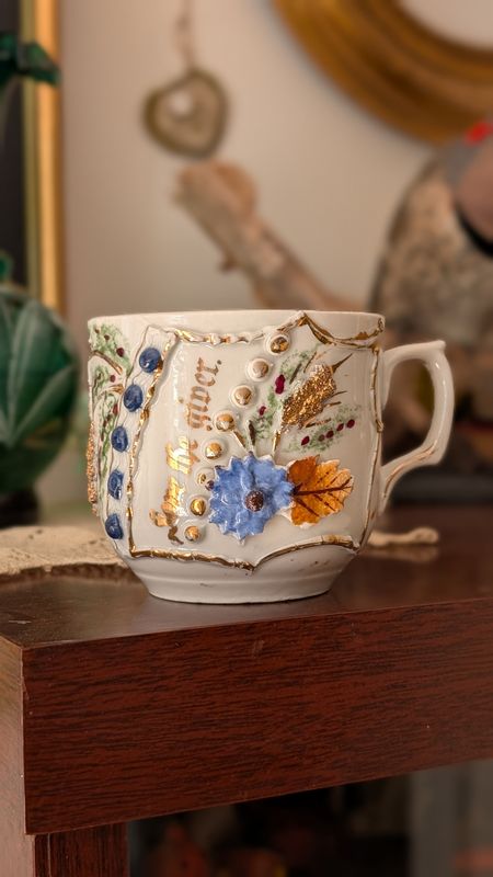 Antique german religious moustache porcelain mug - love the giver