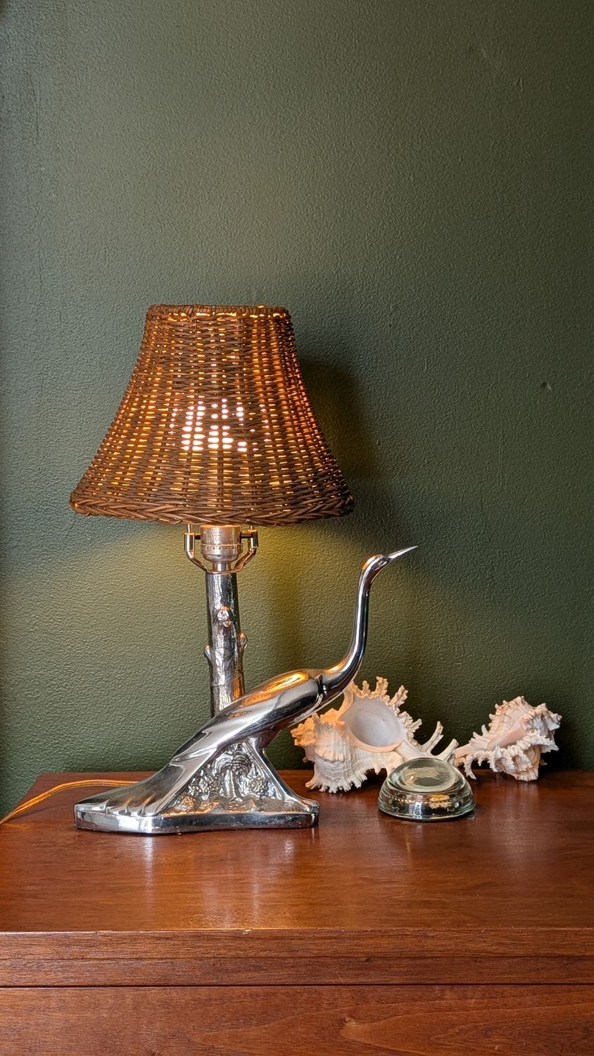 Art deco peacock silver lamp - new wiring