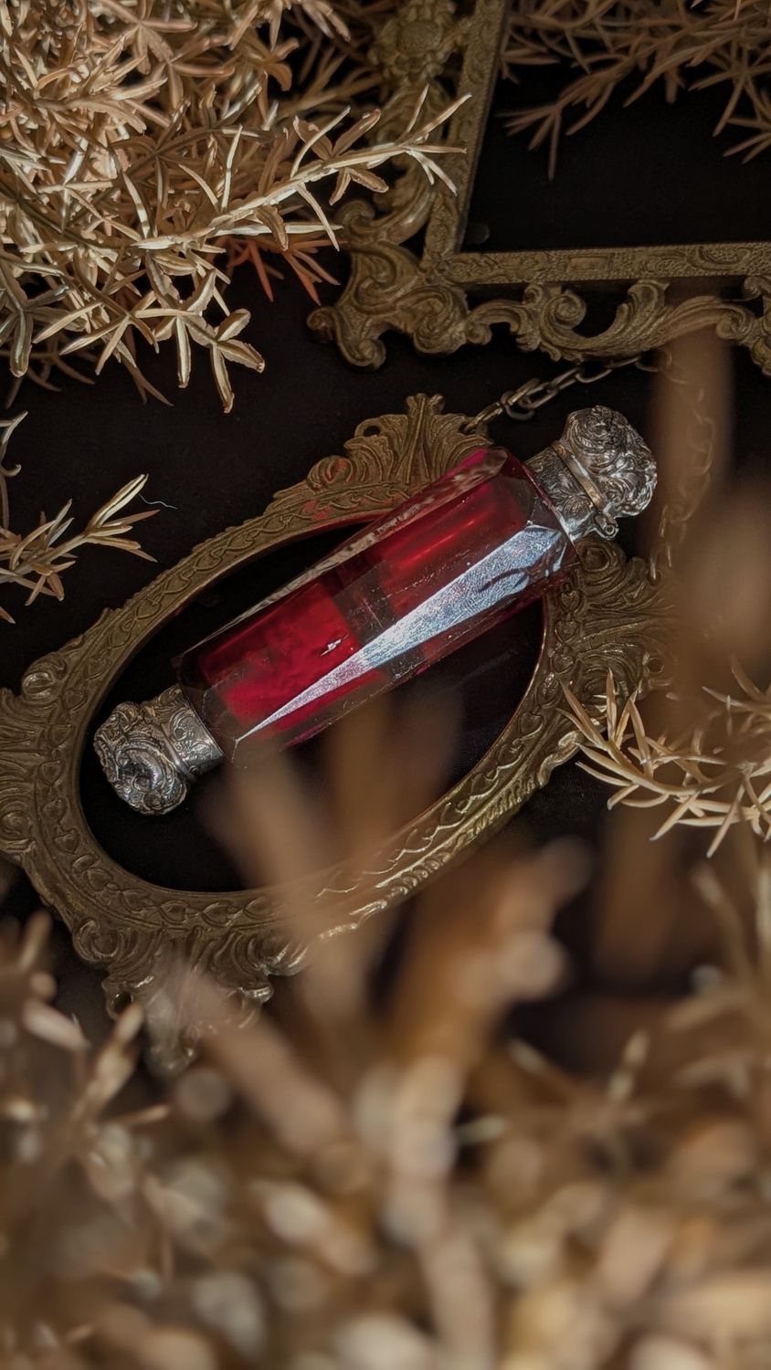 Antique victorian double sided perfume flacon - ruby red glass - sterling silver caps
